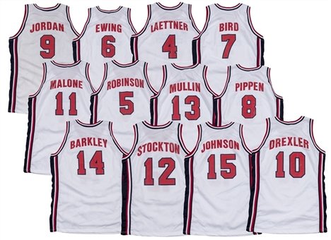 Lot of (12) 1992 Team USA Basketball Complete Set of Game Jerseys With Use Including Signed Michael Jordan "Barcelona 92" Given To Jeff Hamilton (USA Basketball LOA, Letter of Provenance & PSA/DNA)